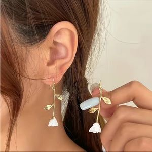 Elegant White Rose Flower Golden Leaf Dangle Earrings  - 18K Gold Plated